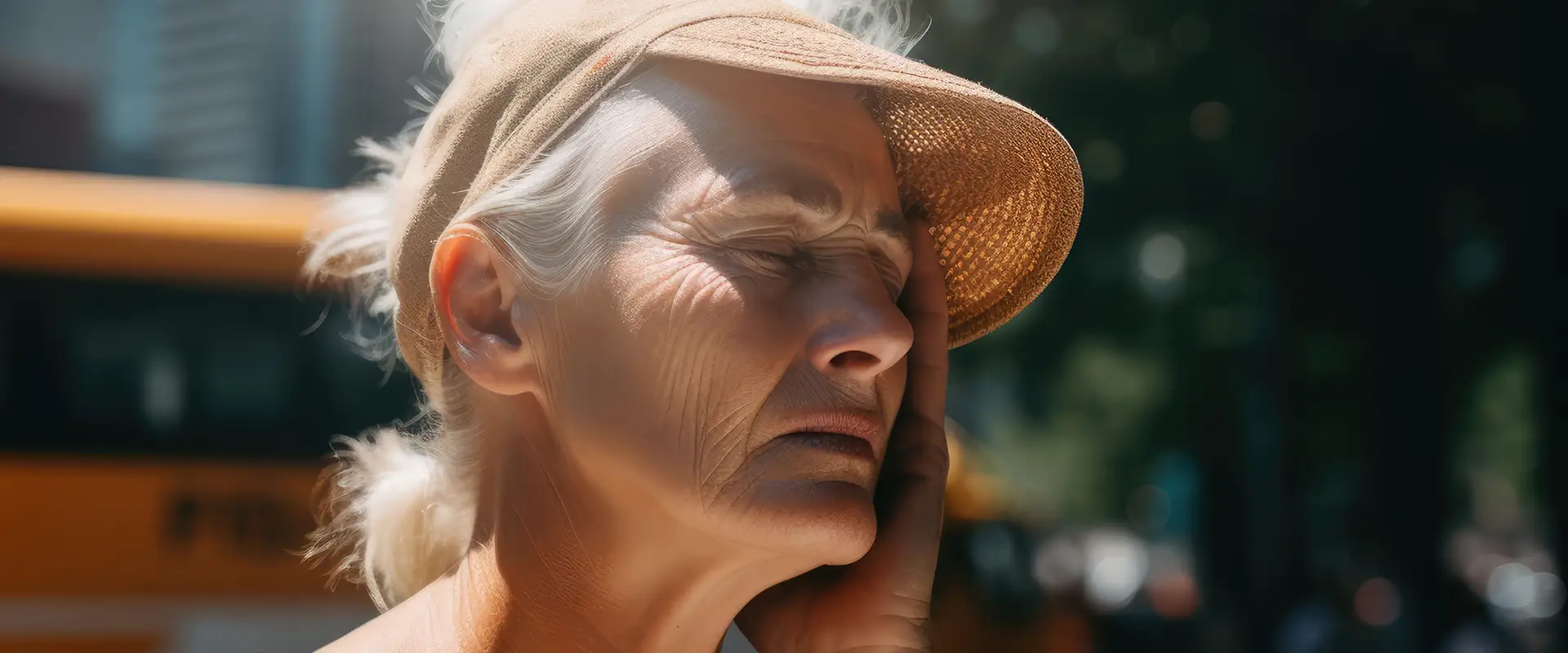 frau haelt sich bei hitze das gesicht dehydration