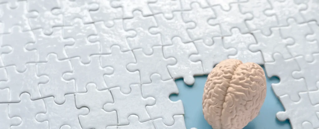 Gehirn in fehlendem Puzzleteil auf weißem Puzzle