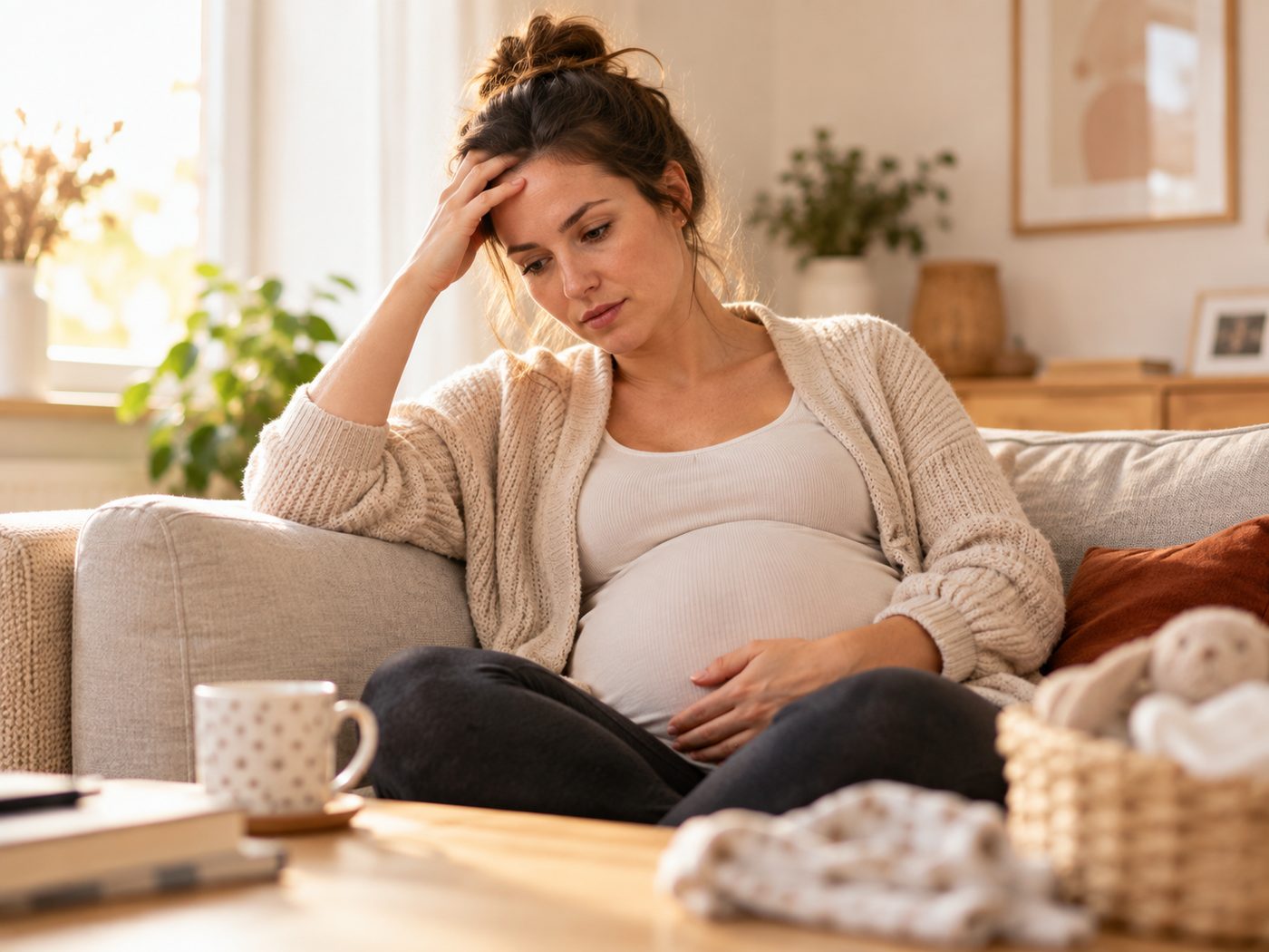 schwangere mit babysachen auf dem sofa