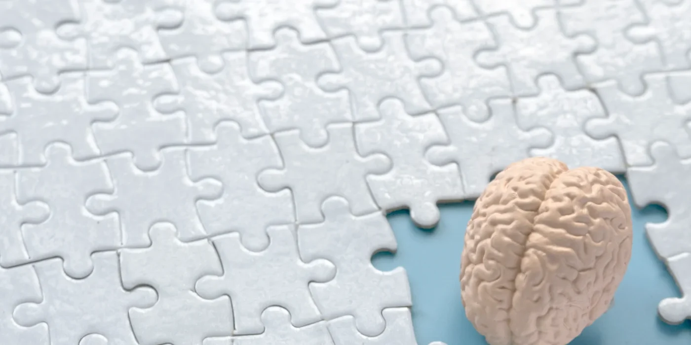 Gehirn in fehlendem Puzzleteil auf weißem Puzzle