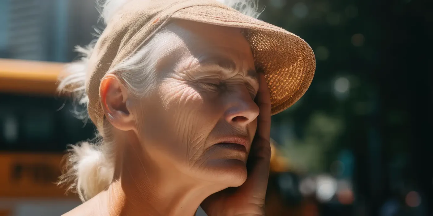 frau haelt sich bei hitze das gesicht dehydration